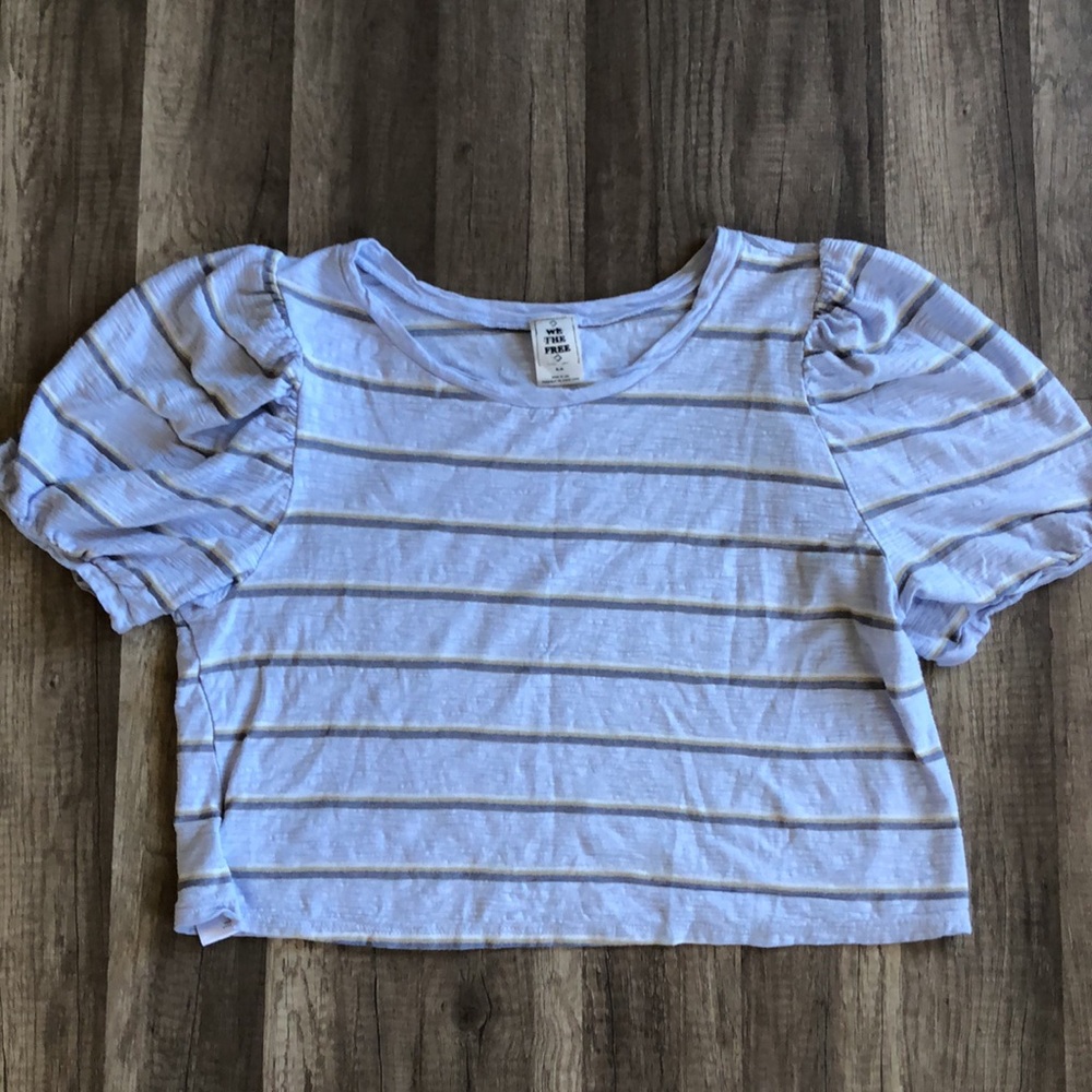 Free People Light Blue Striped Puff Sleeve Tee - Picture 3 of 9